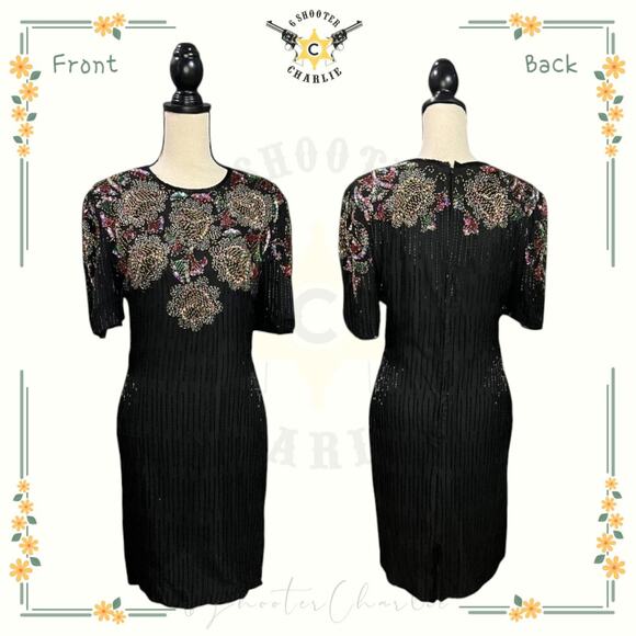 Scala Dresses & Skirts - Vintage Scala Silk Beaded Shift Dress Womens Size Medium Black Mini Short Sleeve